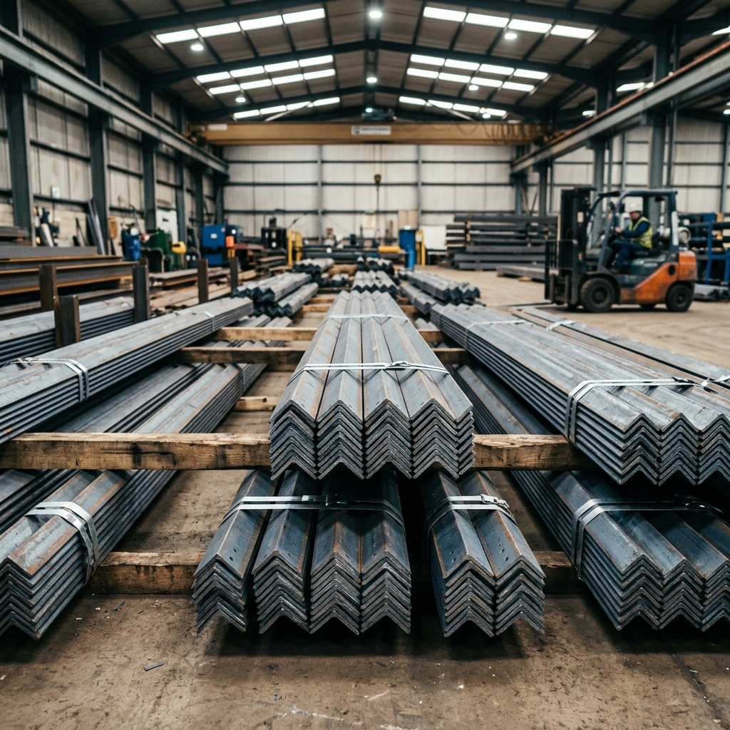 Mild Steel Angles ISA bundles stacked in steel warehouse yard - MS-ANGLE
